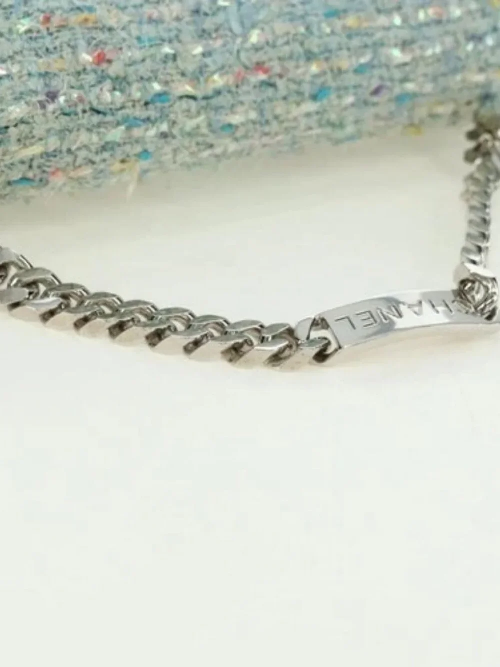 CHANEL Chain Hand Bag Tweed Light Blue Silver CC Auth 177972SV